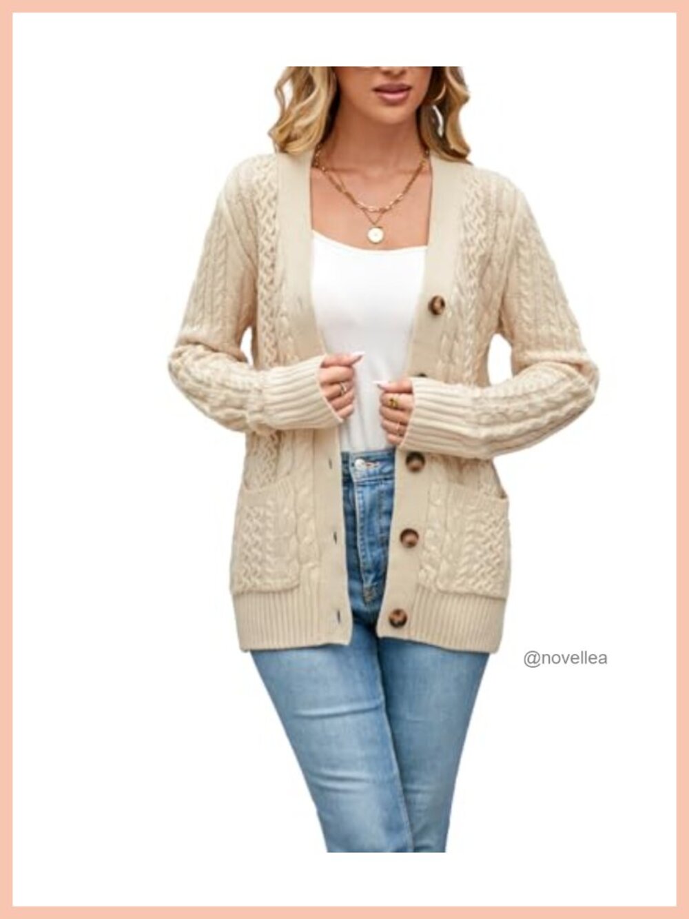 Cable Knit Cardigan Sweater Chunky Open Front Button Down with Pockets